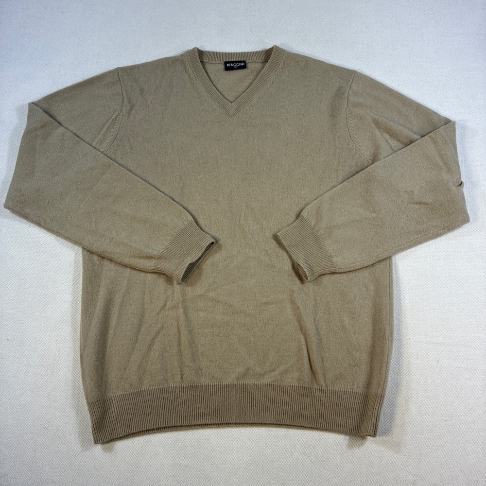 Biaggini Men's V-Neck Cashmere Wool Blend Sweater Tan Beige‎ Size M